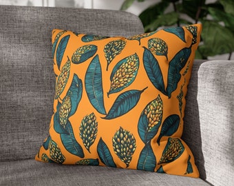 Funda de almohada de hojas tropicales: cojín de gamuza sintética color amarillo mostaza