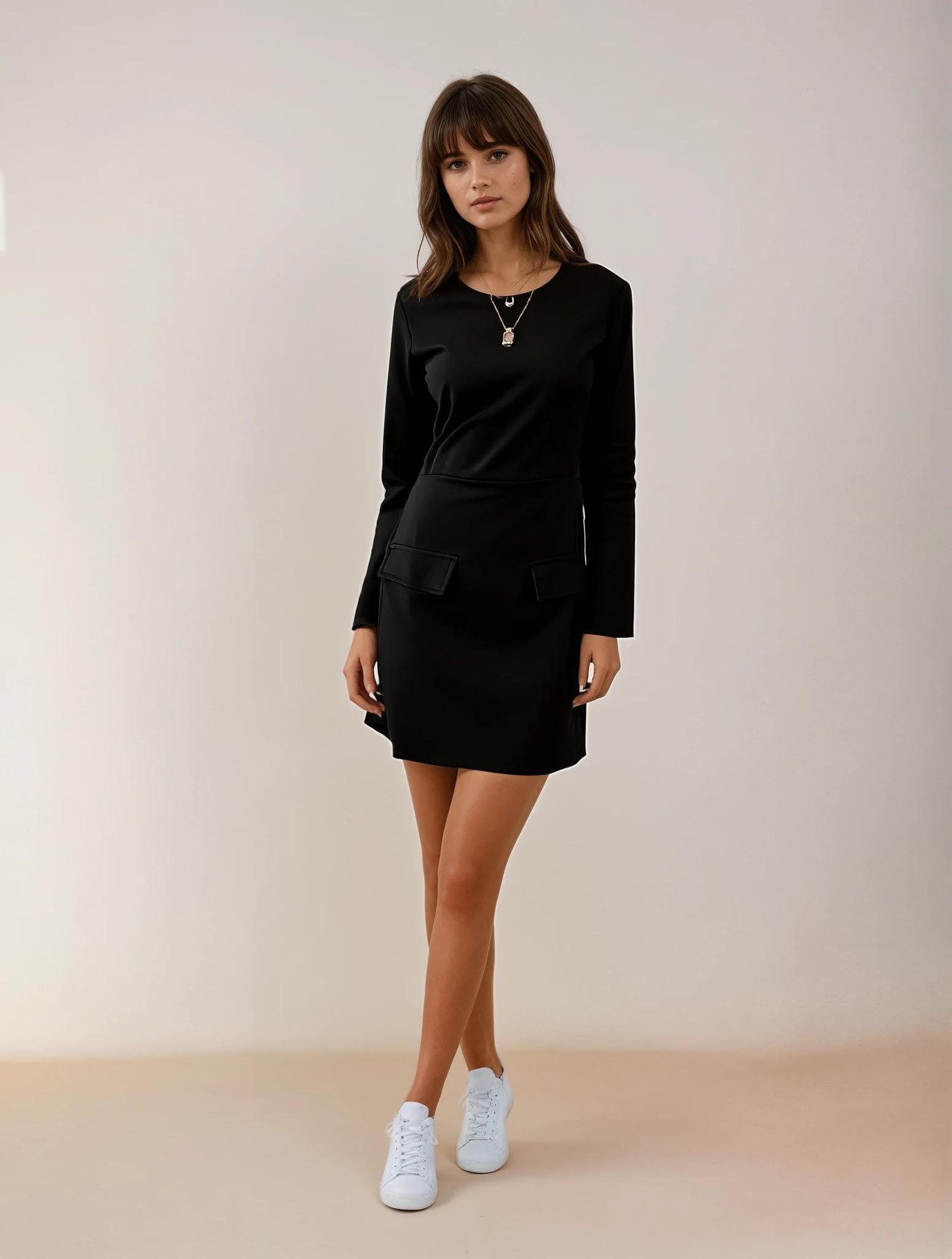 black cotton spandex dress Maxi Black Dress with Long Sleeves and Fitted Wrap Design