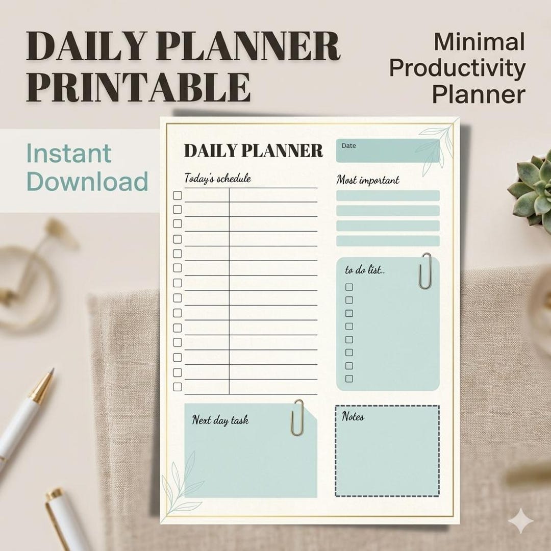 Minimalist Daily Planner Printable, Productivity to Do List (instant ...