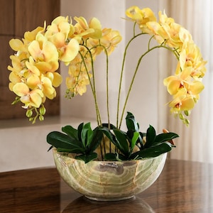 Large Solid Onyx Bowl with Premium Artificial Orchids, Luxury Faux Phalaenopsis Arrangement, Mexican Stone Centerpiece