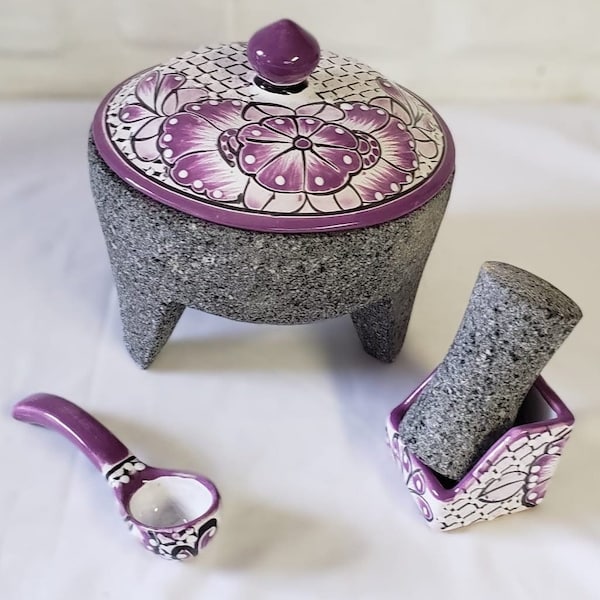 Best seller molcajete with lid 8in mortar AND pestle volcanic stone talavera lilac