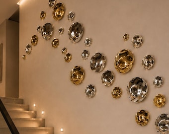 Modern Glass Wall Sculpture, Hand Blown gold and silver Glass Art, Architectural Wall Decor, Hotel Lobby & Staircase Installation