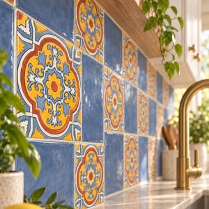 Mexican Talavera Tile Set, Blue Solid & Floral Pattern Tiles, Hand-Painted Ceramic Backsplash for Kitchen or Bathroom