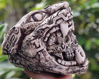 Mayan or Aztec Jaguar Skull Warrior Statue, Mexica Warrior, 8" x 8", Bone and Resin, Lightweight Cast Aztec Skull