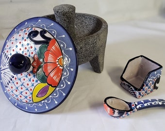 Best seller molcajete con tapa 8in mortero AND pestle volcánica stone talavera