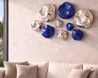Ensemble de 9 tableaux muraux miroirs modernes – Sculpture murale moderne bleue et argentée – Décoration murale abstraite en métal – Style bord de mer contemporain