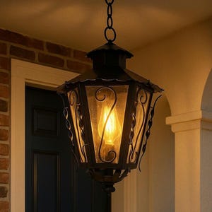 Puede incluir: Una linterna exterior negra y ornamentada cuelga de una cadena. La linterna presenta paneles de vidrio y detalles decorativos de metal. Una bombilla cálida ilumina el interior. El fondo incluye una pared de ladrillo, una puerta azul oscuro y un porche color crema.