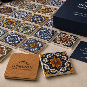 Puede incluir: Una colección de posavasos cuadrados de cerámica con intrincados patrones florales en azul, naranja y amarillo, acompañados de una caja de regalo azul oscuro, un cuaderno, una taza y una tarjeta de invitado, todos con el logo de Horizon Global Solutions.
