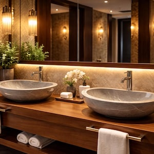 Peut inclure: Meuble de salle de bain luxueux avec deux vasques ovales en pierre, posées sur un plan de travail en bois foncé. L'espace est éclairé par un éclairage chaleureux, dont des suspensions et un miroir rétroéclairé. Des plantes et des serviettes décorent l'ambiance.