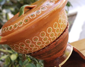 Anafre rough use and Capula Clay Cazuela Arrozera set, Mexican clay warmer, decorated Mexican buffet hotel food warmer