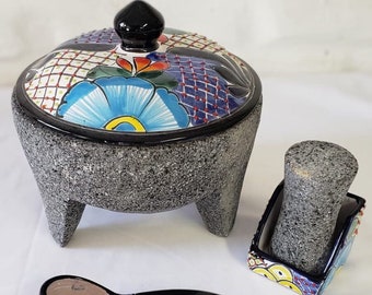 Authentic Stone Molcajete with Talavera Lid, Spoon and Accessories – Mexican Tradition and Art in your Kitchen
