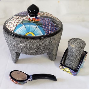 Authentic Stone Molcajete with Talavera Lid, Spoon and Accessories – Mexican Tradition and Art in your Kitchen