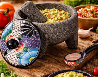 Molcajete Volcanic Stone 8 Inch with Lid – Authentic Mexican Molcajete Made in Mexico, Talavera Accessories
