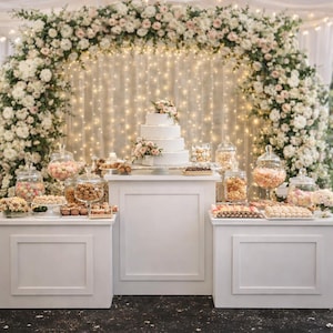 May include: A wedding reception setup with a tiered white cake, surrounded by various desserts and candies on white tables. The backdrop features a floral arch with string lights, creating an elegant and festive atmosphere.
