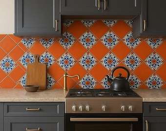 Mexican Talavera Tiles Set 4x4 – 50 Handpainted Orange & Floral Tiles | Kitchen Backsplash, Fireplace, Entryway | Made in Mexico