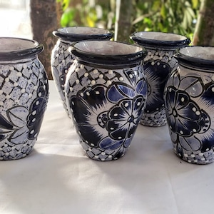 Cantaritos de Barro de 16oz, Juego de Copas de Cóctel para Mojitos, Tequila, Margaritas, Cantaritos Mexicanos, Tazas Arcilla talavera azul