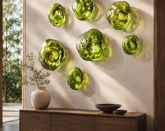 Modern Glass Wall Sculpture, Hand Blown Green Glass Art, Architectural Wall Decor, Hotel Lobby & Staircase Installation