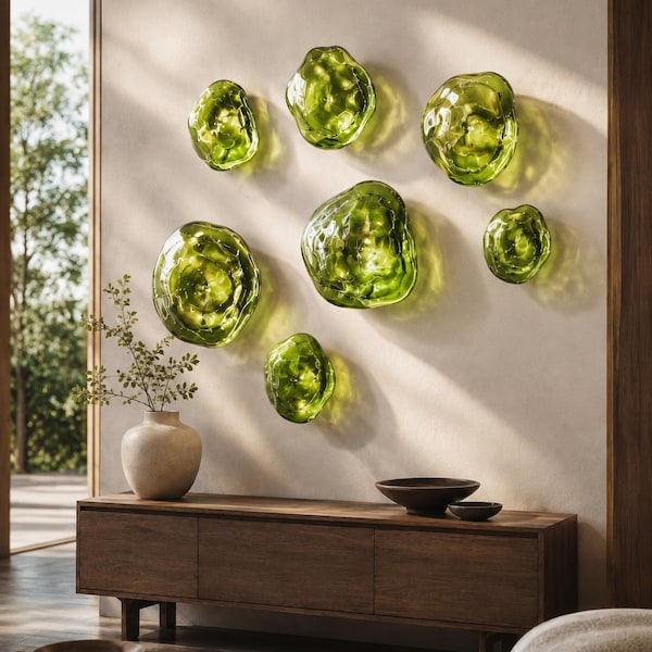 Modern Glass Wall Sculpture, Hand Blown Green Glass Art, Architectural Wall Decor, Hotel Lobby & Staircase Installation
