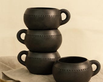 Set of 4 Black Clay Cups – 1.57” x 3.15” – Handmade Mexican Barro Negro Mugs