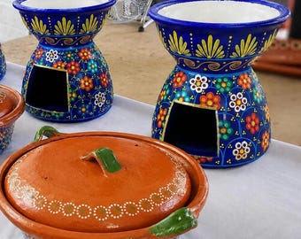 Heavy-duty Anafre set and Capula Clay Cazuela Rice Cooker, Mexican clay warmer, Mexican buffet food warmer, decorated blue