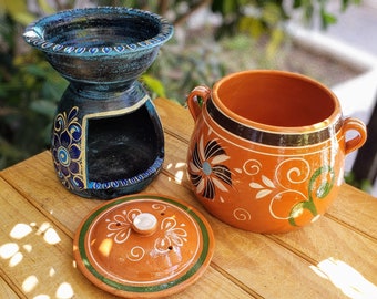 Heavy-duty Anafre set, lead-free bean pot, Mexican clay warmer, Mexican hotel buffet food warmer, blue decor