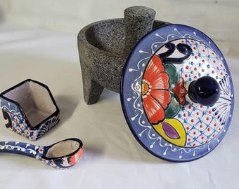 Best seller molcajete con tapa 8in mortero AND pestle volcánica stone talavera