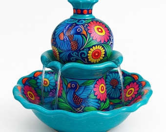 Hand-Painted Talavera Ceramic Tabletop Fountain – Zen Desk Decor & Meditation Gift Turquoise Blue
