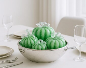 Handblown Green Glass Pumpkin Centerpiece – Luxury Handmade Table Decor & Gift | Artisan Glass Home Accent, Holiday, gift for hostess