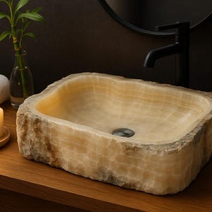 Onyx Stone Vessel Sink – Round Bathroom Vanity Basin, Natural Handcrafted Onyx Bowl, Luxury Countertop Washbasin for Modern & Rustic Decor