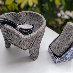 Molcajete heart with accessories in talavera spoon and mallet, blue and white talavera
