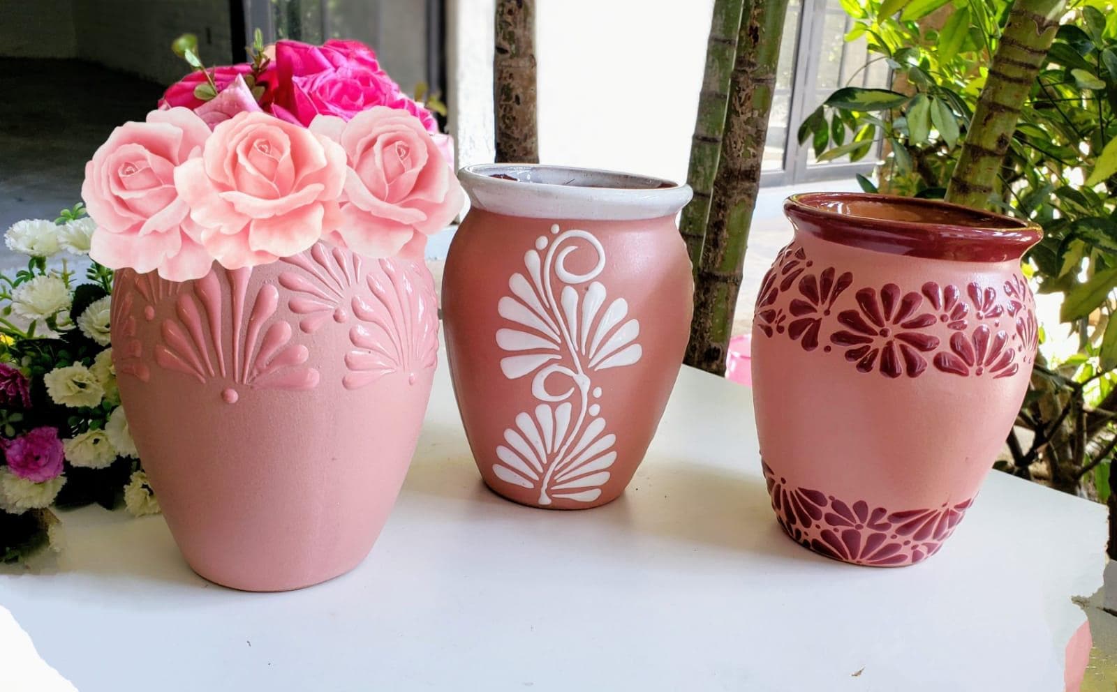 6in Pink Vase, 3 Pink Vases for Flowers, Pink Mexican Centerpiece