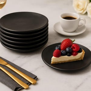 Puede incluir: Una pila de seis platos de cerámica negra, una porción de tarta de queso con bayas, una taza de café y una copa de vino blanco. Cubiertos dorados sobre una servilleta gris. Rosas blancas en el fondo.