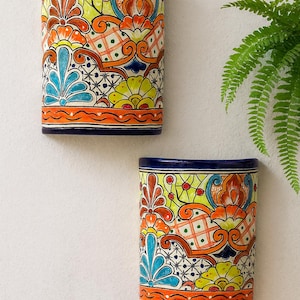 Set of 2 Talavera Ceramic Wall Sconces – 11” Mexican Hand-Painted Apliques for Indoor/Outdoor Decor – Colorful Southwestern Wall Art