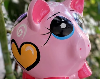 Large hand-painted ceramic pig piggy bank with heart theme for girls