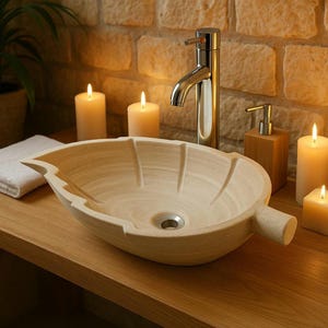 Handcrafted Marble Leaf Vessel Sink – Polished Stone Bathroom Basin 18” x 12” – Modern Luxury Vanity Sink for Spa, leaf sink