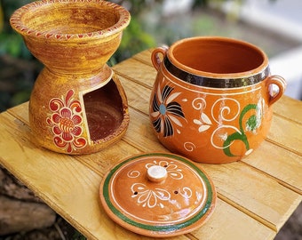 Heavy-duty stove and lead-free bean pot set, Mexican clay warmer, decorated Mexican hotel buffet food warmer