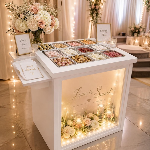Op maat gemaakte acryl displaytafel met ledverlichting | Alternatief voor een snoepkar | Evenementendisplay