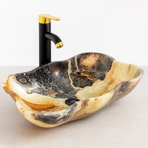 Luxury Onyx Stone Vessel Sink – Handcrafted Natural Onyx Bathroom Basin, Unique Wavy Edge Design, 20” x 12” x 4.7” Elegant Vanity Sink for M