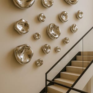 Modern Wall Art Sculptures – Set of Hand-Blown Mirror Silver Glass Pebbles, Organic Shapes, Luxury Minimalist Home Decor