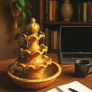 Puede incluir: Una fuente de cerámica de tres niveles con esmalte amarillo y verde, agua en cascada y una amplia cuenca. La fuente está sobre un escritorio de madera con un cuaderno, un bolígrafo y una taza negra. Un portátil y una estantería están en el fondo.
