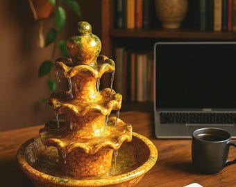 Handgefertigter mexikanischer Tischbrunnen – Spiritueller Wasserfall aus glasierter Keramik | Entspannende Tischdekoration | Gelb-grünes Keramikkunstwerk