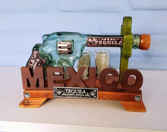 Bottle gun Mexico, vintage Mexican with bottle gun, cactus wood base and shot, Mexican gift