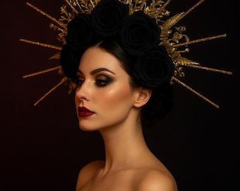 Black Rose Halo Crown with Gold Rays – Gothic Festival Headdress – Day of the Dead, Halloween, Cosplay & Photoshoot Accessory
