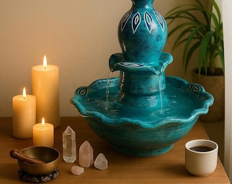 Handmade Serenity Cairn Water Fountains, turquoise blue indoor or outdoor tabletop water fountain