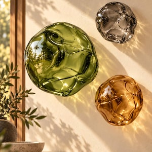 Handblown Glass Wall Spheres, Sculptural Art Glass Decor in Moss Green, Amber or Smoke Gray Wall Sculpture, Modern Abstract Wall Decor
