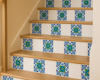 Handmade Mexican Talavera Ceramic Tile Set – 50 pcs 4″×4″ (25 Blue Floral & 25 Plain White) – Decorative Backsplash, Bathroom, Stair Risers