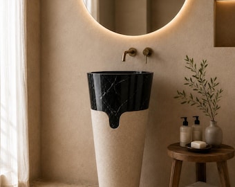 Illuminated White Onyx Pedestal Sink with Black Marble Base, Freestanding Natural Stone Washbasin