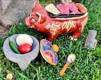 Pig-Shaped Clay Grill Brazier with Floral Design - 16-Inch Buffet & Banquet Anafre, Includes molcajete with talavera lid
