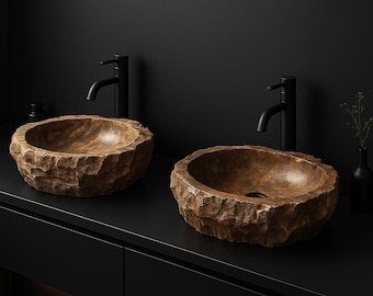 Hand‑Carved Natural Stone Vessel Sink–15.75″ (40cm) Diameter–Rustic Bathroom Basin Luxury Natural Stone Bathroom Vanity, Polished