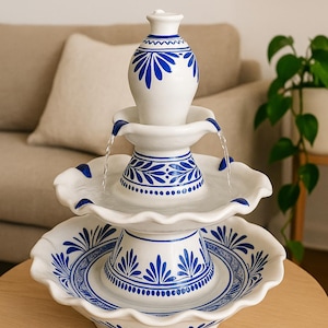 Puede incluir: Una fuente de cerámica de tres niveles con un diseño floral blanco y azul. La fuente tiene un pequeño jarrón en la parte superior, con agua que fluye hacia los niveles inferiores. La base mide 40 cm de ancho.